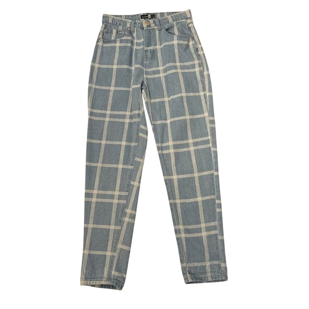 Boohoo Blue/White Windowpane Jeans 4 Academia Classic Preppy Cottagecore Retro